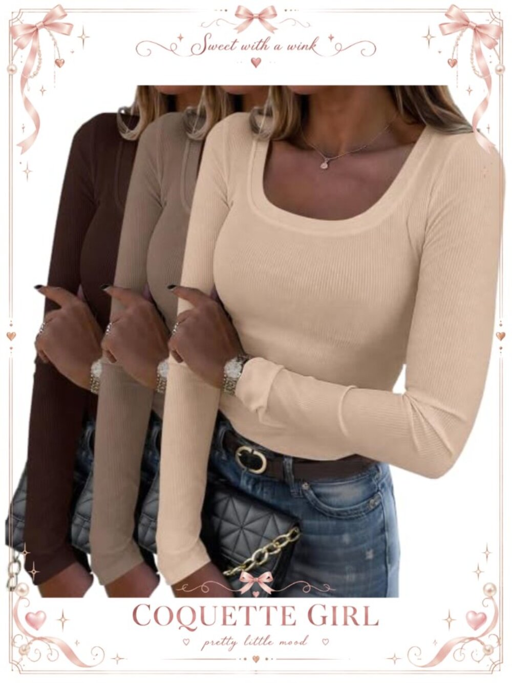 Rib Knit Long Sleeve Square Neck Slim Fit T-Shirt